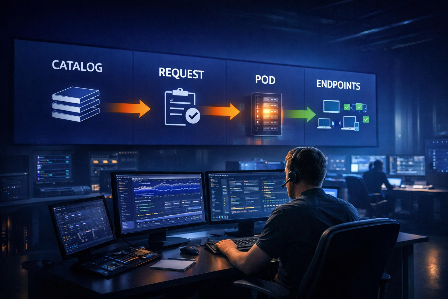 Hero-Szene mit addy Orchestrierung über Catalog, POD und Endpoints